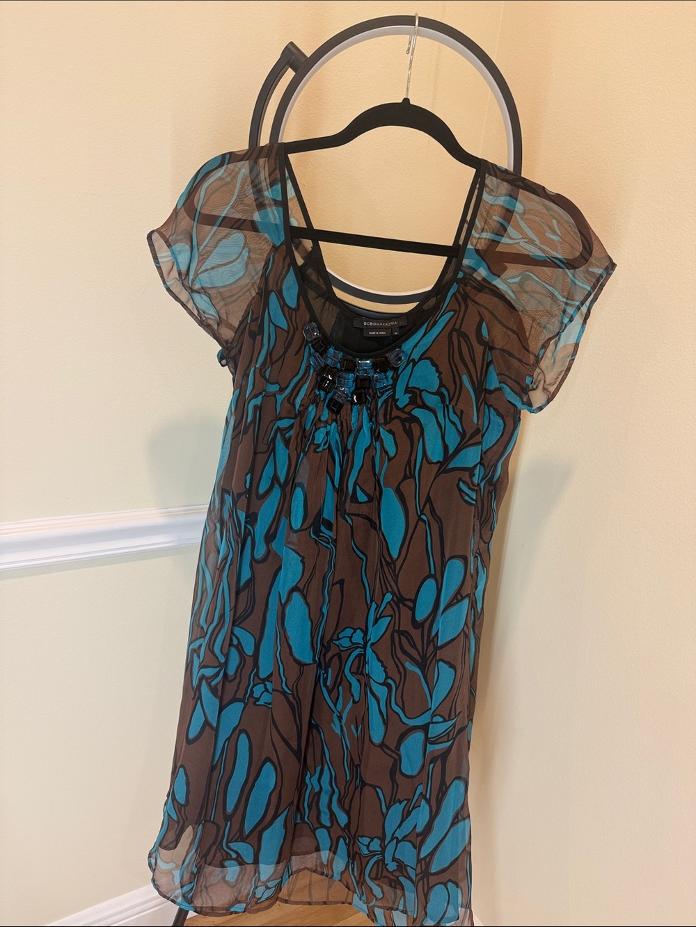 BCBGMaxAzria Teal and Brown Floral Hair Scarf with Beaded Accent